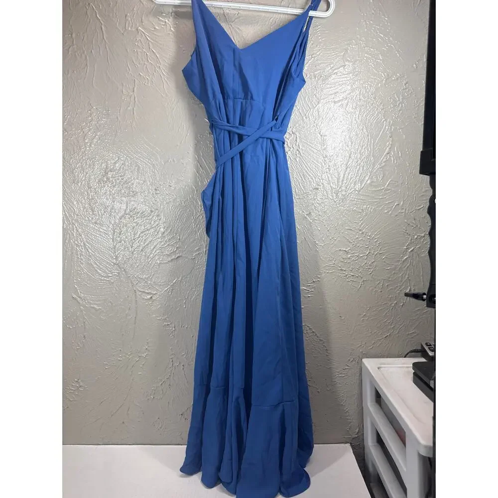 Lulus Manhattan Moment Blue Ruffled Midi Wrap Dress‎ Womens Size Small
